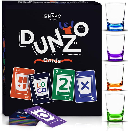 DUNZO® - Hydrating Version of Classic Card Game with 4 Unbreakable Glasses - Draw Two, Skip, Reverse, Get Loco - Fun Party Game & Funny Gifts - Card Games