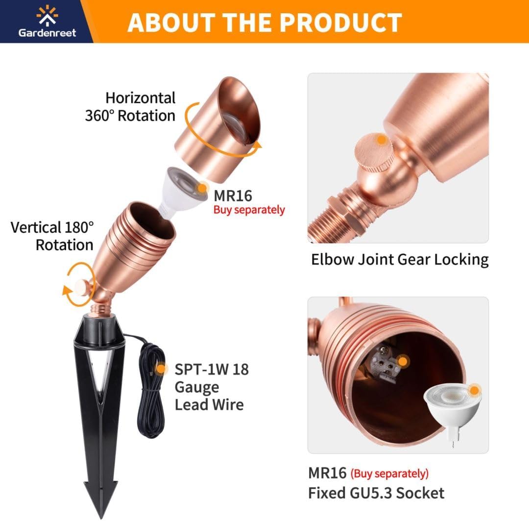 Gardenreet Brass Landscape Lighting - Low Voltage Spotlights Outdoor LED, 12V Wired Uplights, Waterproof Spot Lights, Copper for Outside Trees Without MR16 Bulb (4 Pack)