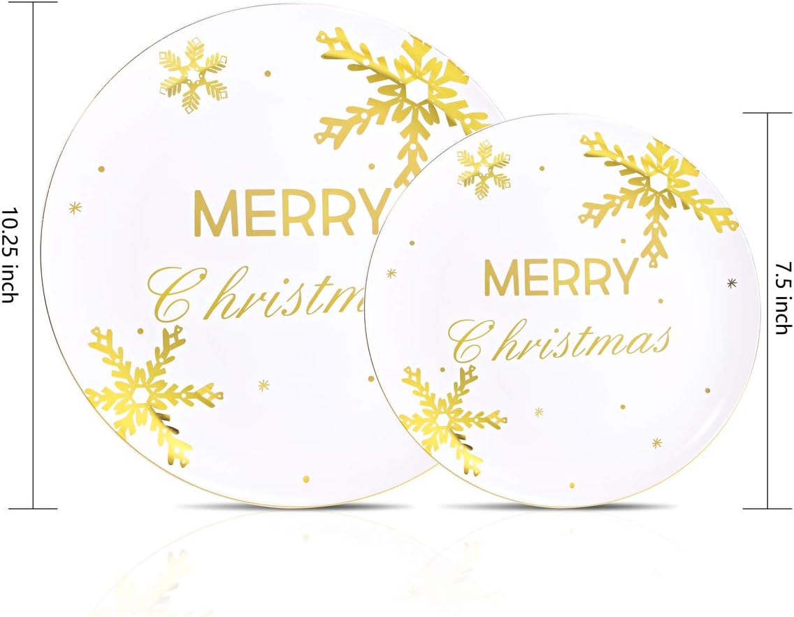 WDF 50Pieces Christmas Plates Gold Plastic Plates - Snowflake Plastic Plate-Heavyweight White and Gold Disposable Plate for Christmas