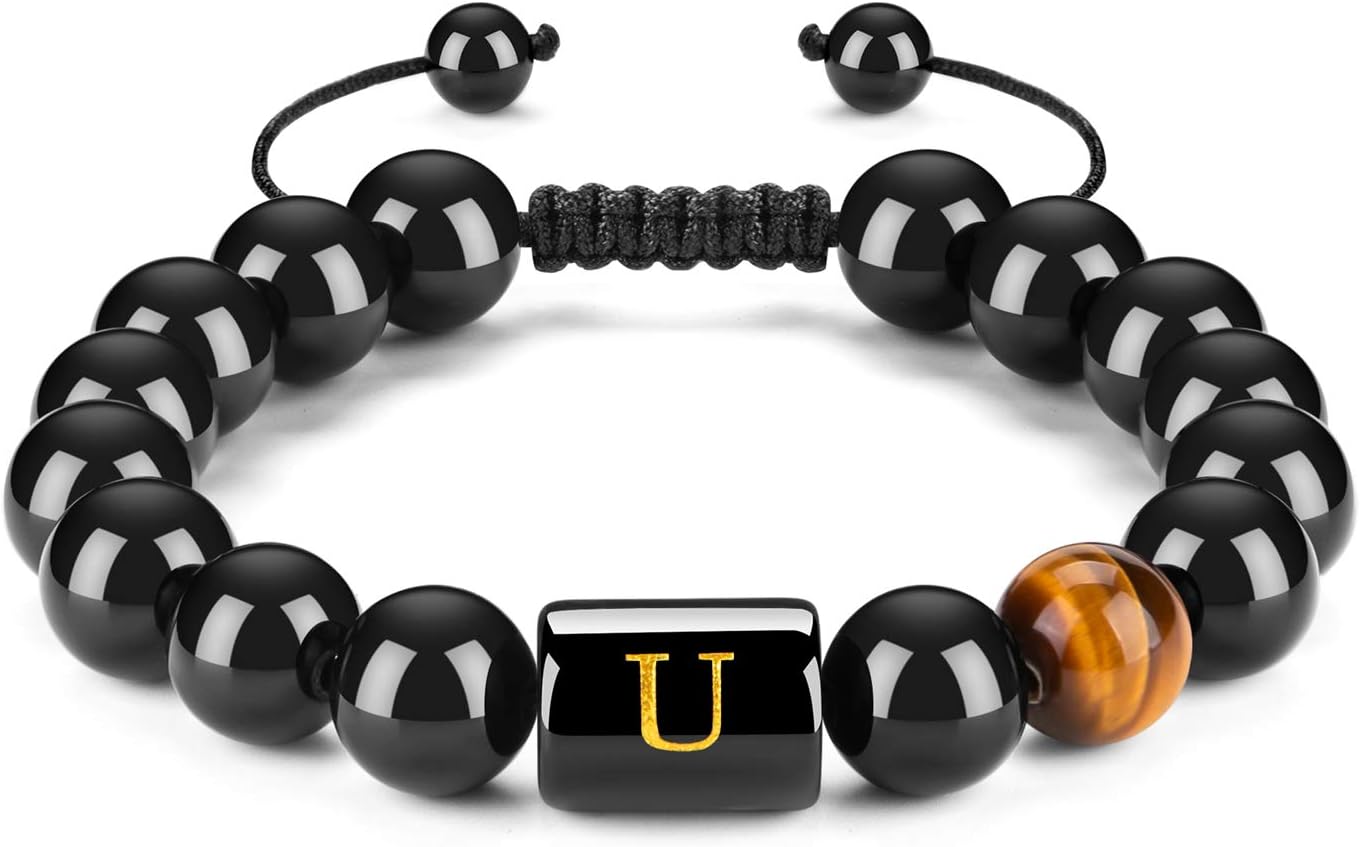 FRG Initials Bracelets for Men Letter Link Handmade Natural Black Onyx Tiger Eye Stone Beads Braided Rope Meaningful Bracelet
