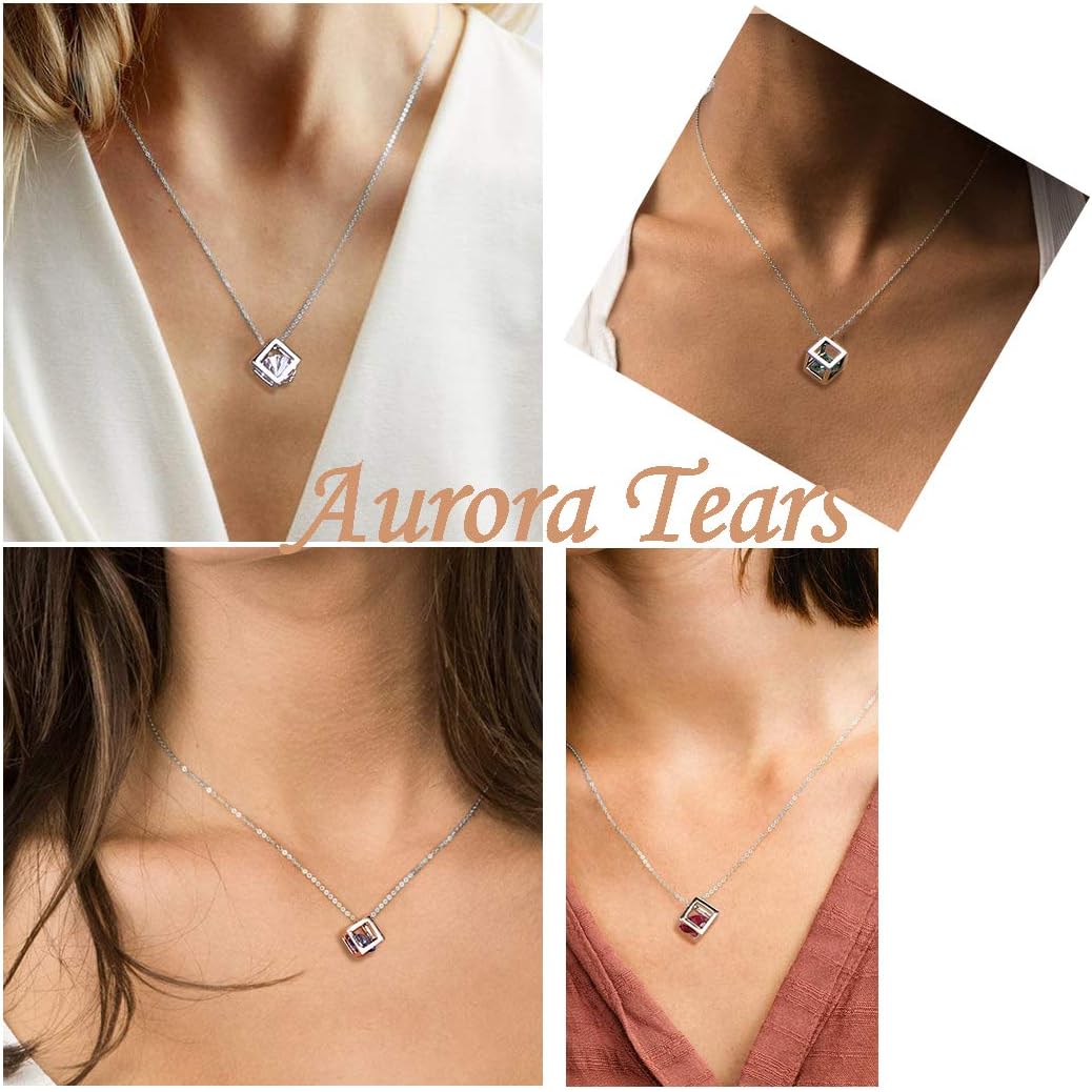 Aurora Tears Birthstone Necklace/Earring 925 Sterling Silver Women Cross/3D Cube/Cresent Moon Birth Stone Jewelry Mens Birthday Gift Anniversary Present
