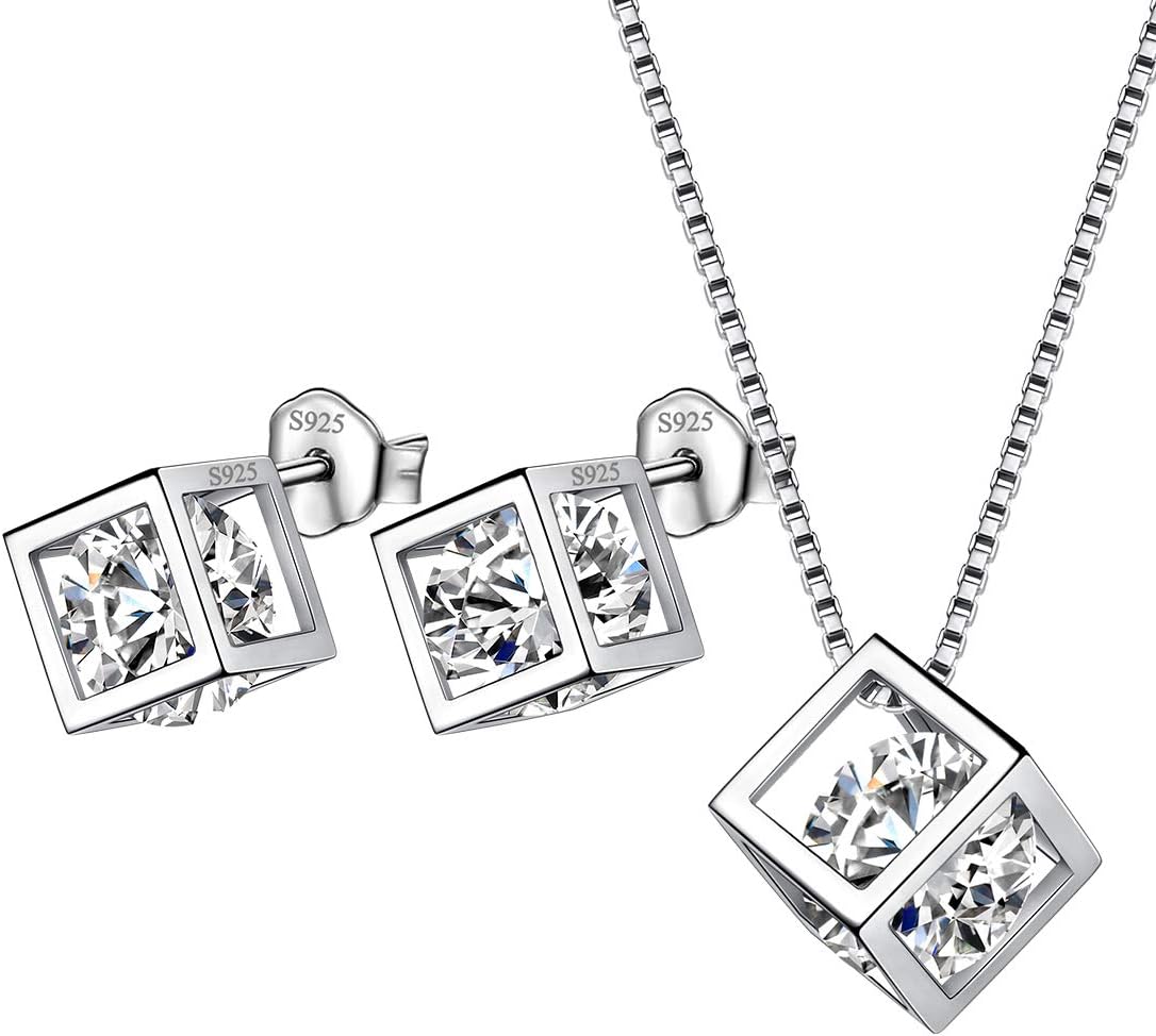 Aurora Tears Birthstone Necklace/Earring 925 Sterling Silver Women Cross/3D Cube/Cresent Moon Birth Stone Jewelry Mens Birthday Gift Anniversary Present