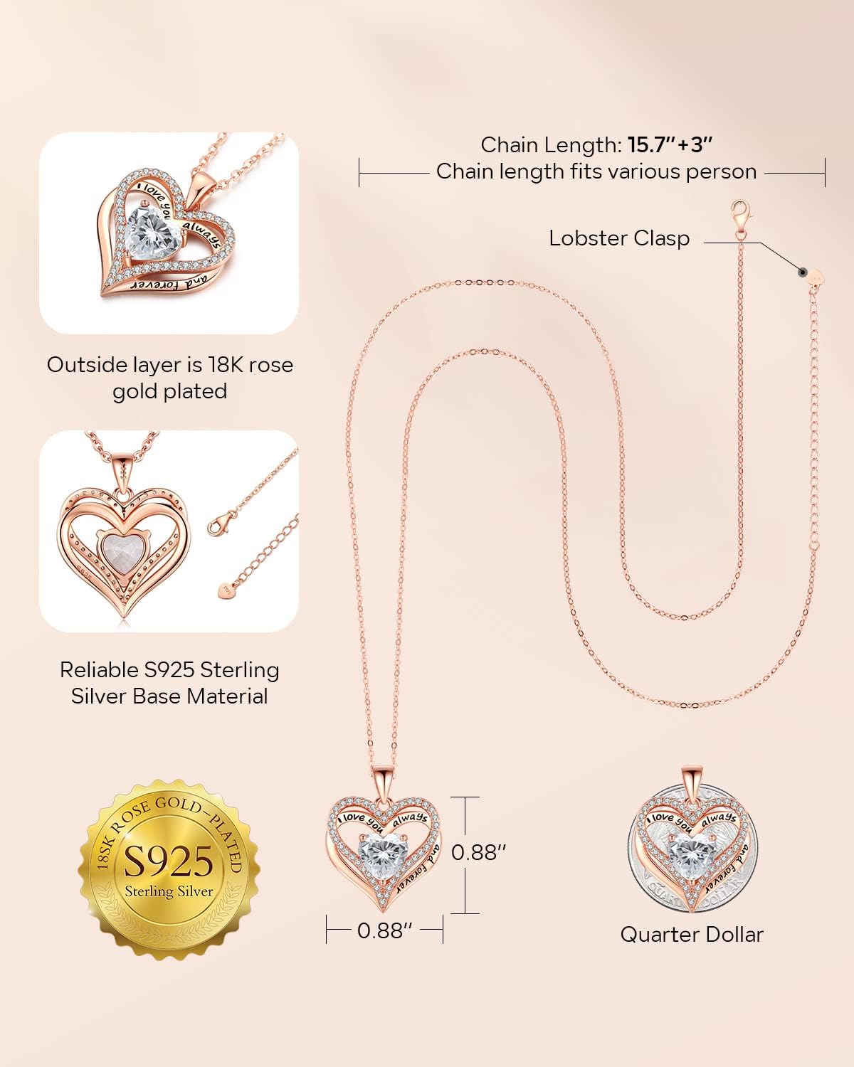 S925 Sterling Silver Necklace for Women, Wife Jewelry Rose Gold, Mom Birthday Valentines Mothers Day Gifts, Girlfriend Necklaces, Daughter Heart Jewel, Anniversary for Her