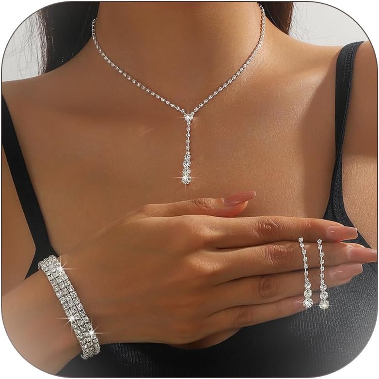 Wedding Jewelry Sets for Brides Rhinestone Necklace and Earring Set Bracelet Ring Gold Silver Prom Jewelry Sets Diamond Flower Teardrop Necklace for Women