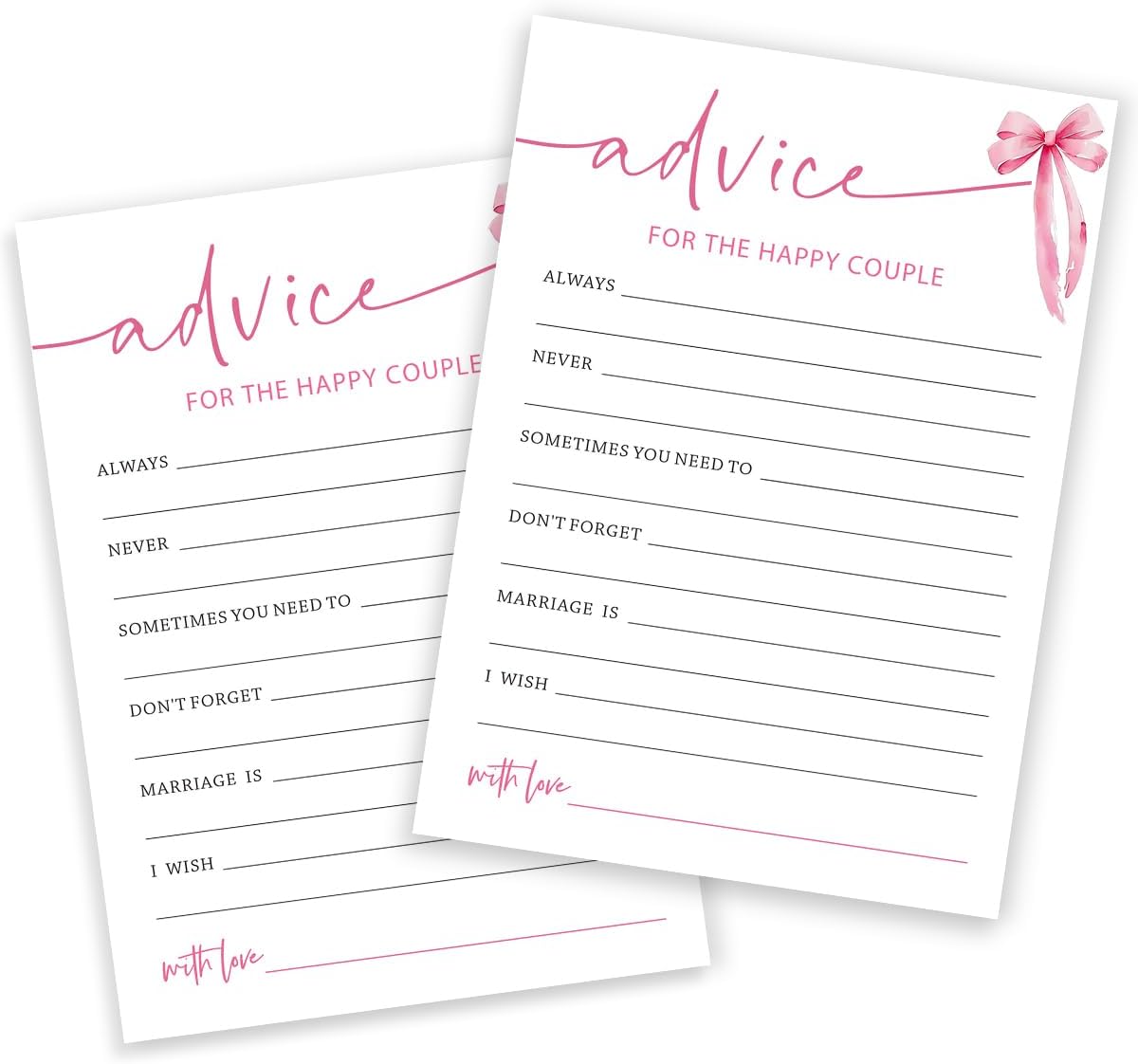 Bridal Shower Games Cards, Advice for The Happy Couple, Bridal Shower Games 25 Guests, Engagement Party Wedding Games for Guests, Pink Ribbon Bow Wedding Party Supplies - E10