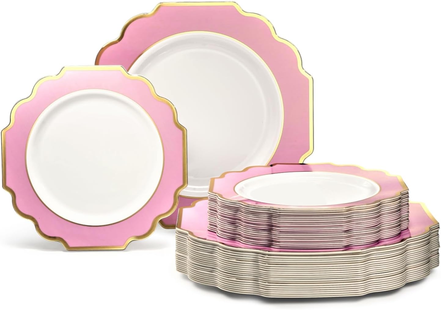 " OCCASIONS " 80 Plates Pack,(40 Guests) Heavyweight Premium Wedding Party Disposable Plastic Plates Set -40 x 10.5'' Dinner + 40 x 8'' Salad/Dessert(Imperial in Light Pink & Gold)