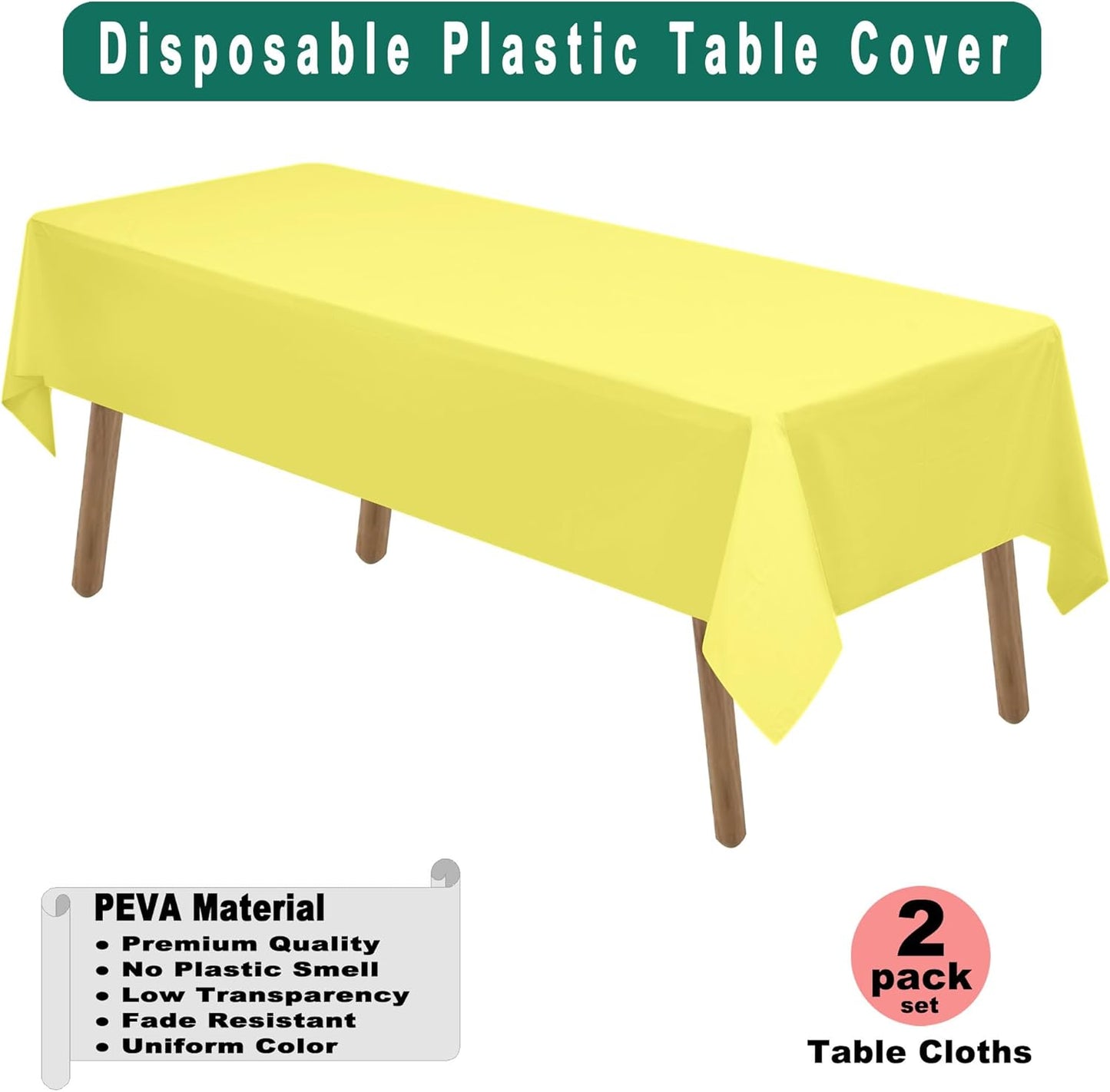 Light Yellow Plastic Tablecloths 2 Pack Disposable Table Covers 54 x 108 Inch Bridal Shower Party Tablecovers PEVA Table Cloths for BBQ Picnic Birthday Wedding Parties and 8 ft Rectangle Table Use