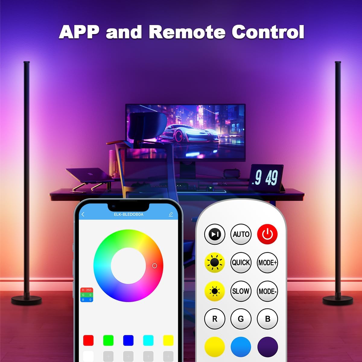 LED Floor Lamp, 63-Inch RGB Corner Light with Music Sync, Smart App Control, 16 Million Colors, Remote Control for Living Room, Bedroom, Gaming Room (2 Pack)