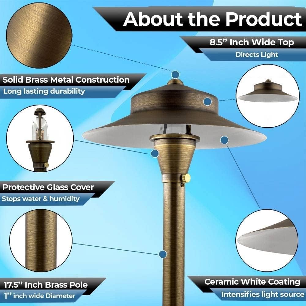 LED Low Voltage Pathway Lights 120- Solid Brass Outdoor Landscape Lights for Garden Pathway & Driveway Outdoor Lighting, 12V Landscape Lighting with Ground Stake & G4 LED Bulb (1 Pack Wide Top 8-1/2")