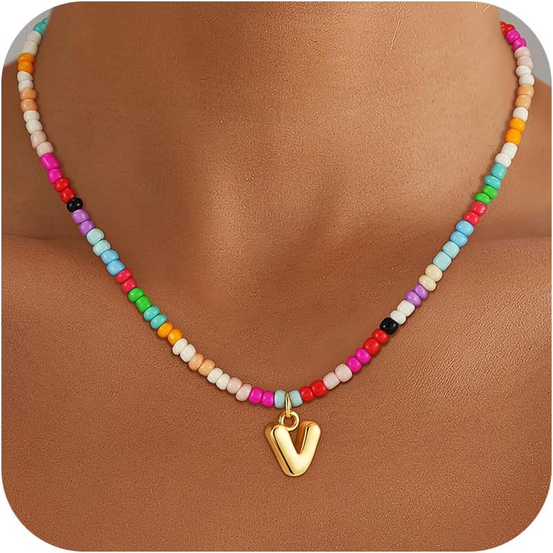 Christmas Gifts for Grandkids Teens Girls - Bubble Colorful Initial Necklaces for Women Teen Girl Trendy Stuff Beaded Initial Necklace Birthday Gifts Stocking Stuffers for Teen Girls Women