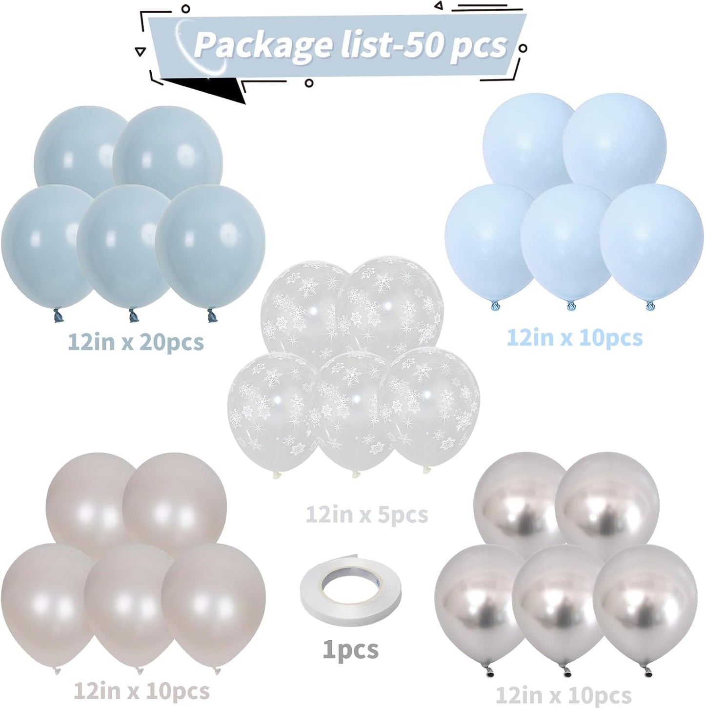 Blue and White Balloons, 12 Inch Snowflake Double Stuffed Dusty Pastel Light Baby Blue Pearl White Silver Clear Latex Balloons for Winter Wonderland Christmas Snow Baby Shower Birthday Party Decor