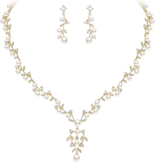 EVER FAITH Bridal Cubic Zirconia Jewelry Sets for Women, White Simulated Pearl Leaf Vine Pendant Wedding Party Necklace Earrings Set for Bridesmaid Bride