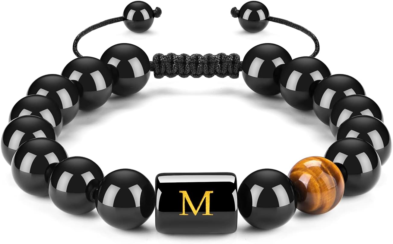 FRG Initials Bracelets for Men Letter Link Handmade Natural Black Onyx Tiger Eye Stone Beads Braided Rope Meaningful Bracelet