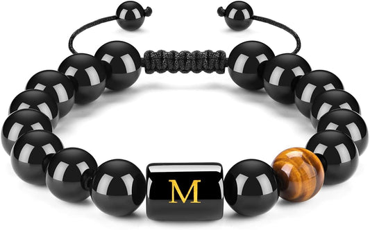 FRG Initials Bracelets for Men Letter Link Handmade Natural Black Onyx Tiger Eye Stone Beads Braided Rope Meaningful Bracelet