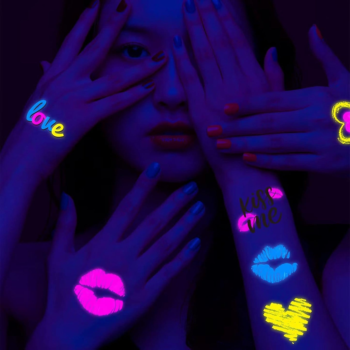 Neon Temporary Tattoos New Love Mixed Style Glitter Cupid Red Lips Heart Flower Glow In The Dark UV Neon Tattoos Stickers 60 Flash Fake Waterproof Tattoos for Women Girls Body Art