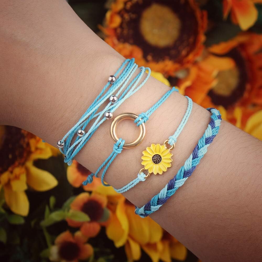 FANCY SHINY Sunflower String Bracelet Boho Braided Rope Wrap Bracelets Cute Summer Beach Surfer Jewelry for Women Christmas Gifts