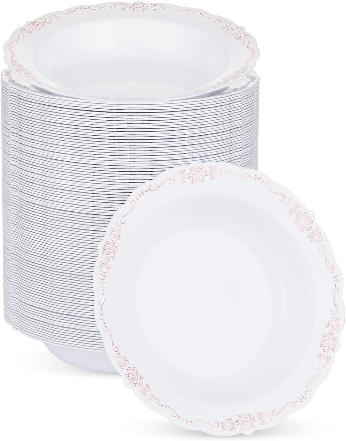 100 Pack White Plastic Bowls with Rose Gold Rim, 12oz Plastic Dessert Bowl, Bowls Disposable Heavy Duty for Hot Soup, Dessert, Salad, Cake, Ice Cream, Fruit