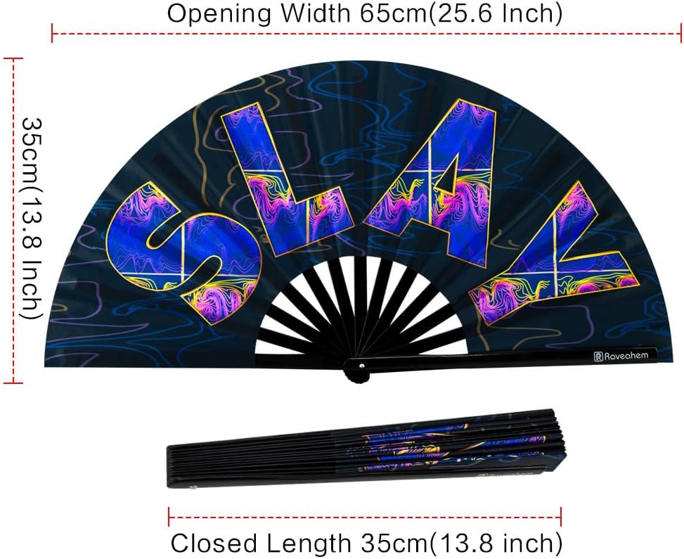 UV Glow Rave Fan, Bamboo Folding Clack Hand Fans Foldable for Men Women, Boots on the Ground Poping Fan for EDM Festival Line Dance Decoration, (Slay, Large 13")