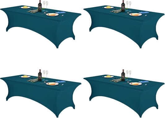 FORLIFE 4Pack Spandex Table Covers，Fitted Tablecloth for Rectangular Tables, Stretch Patio Table Covers, Universal Spandex Table Cover for Wedding, Banquet, Party (8ft, Peacock)