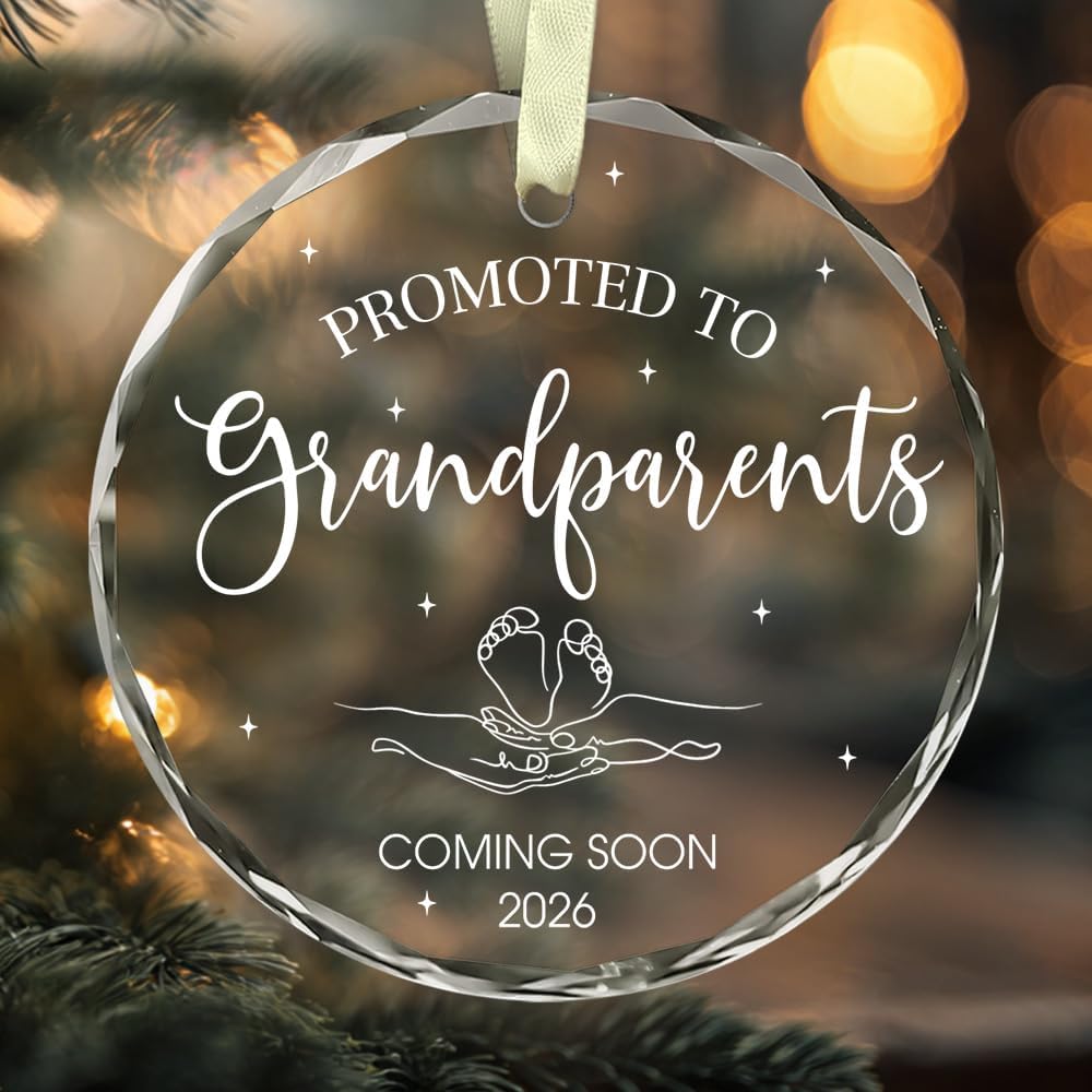 Christmas Grandparents Gifts - Promoted to Grandparents 2026 Ornament - First Time Grandparent Gifts for Grandma Grandpa - Baby Pregnancy Announcement Gift - Round Glass Ornament