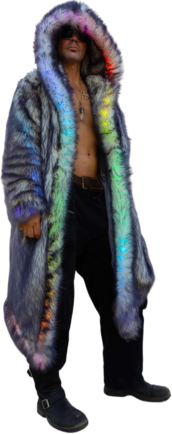 Led Light up Rave Jacket Fur Long Luminous Outfit Winter Warm Glow Party Clothing Flashing 3 Pockets Pirate Coat