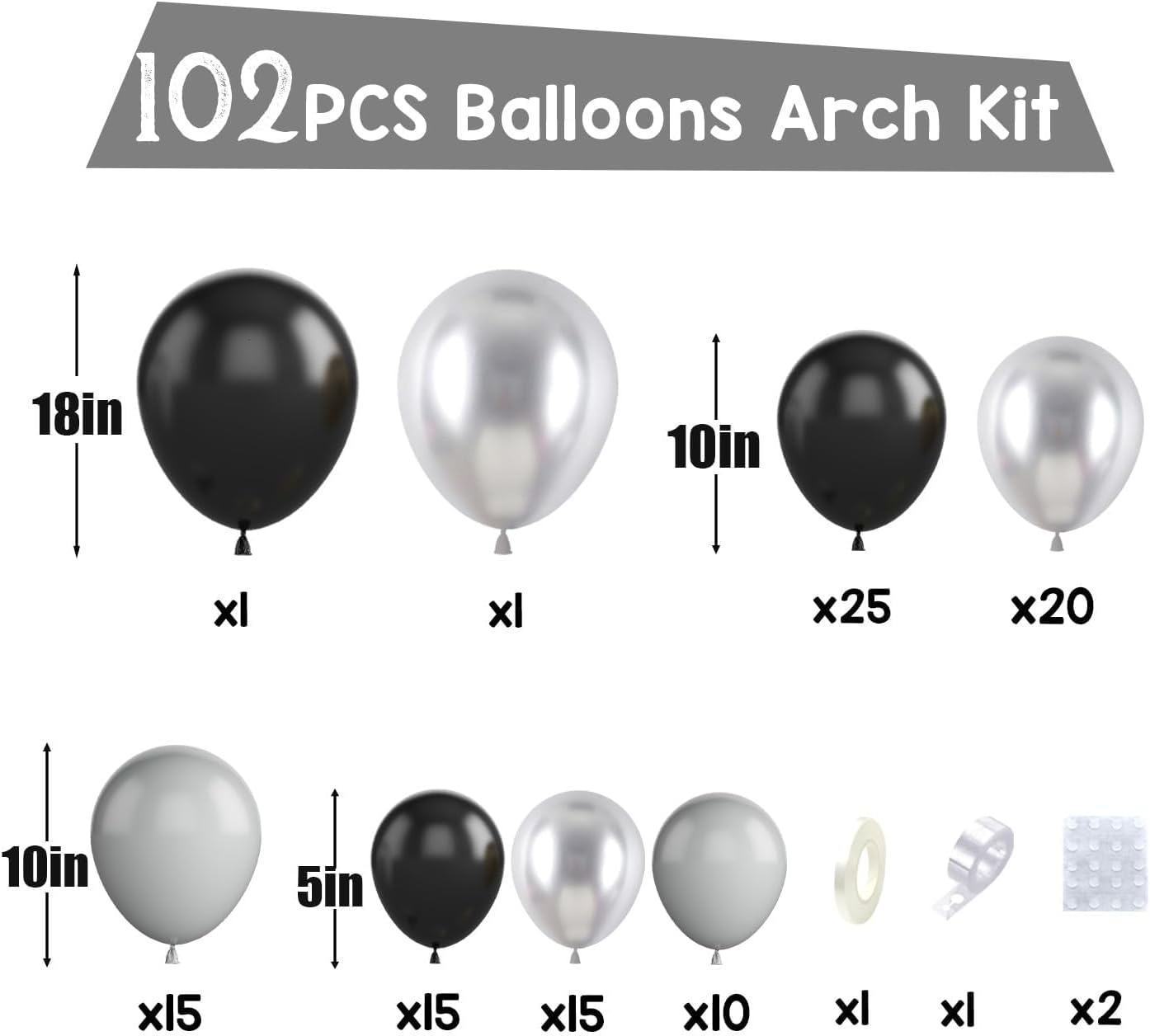 Black and Silver Balloon Arch Kit, 102Pcs Metallic Silver and Black Balloon Garland Kit Gray Party Balloons Grey Latex Balloons for Birthday Party Baby Shower Wedding Bridal Shower