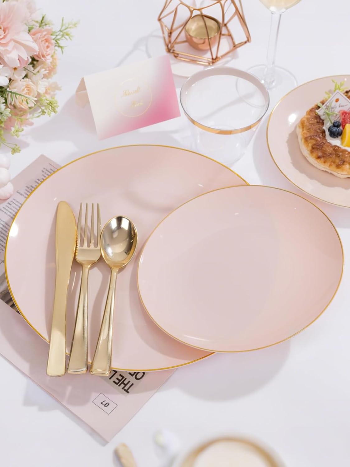 WDF 150Pcs Pink Plates Disposable - Pink and Gold Plastic Plates 25guest Disposable Dinnerware Include 25 Dinner Plate, 25 Dessert Plate, 25 Cutlery & 25 9oz Cups for Wedding & Party