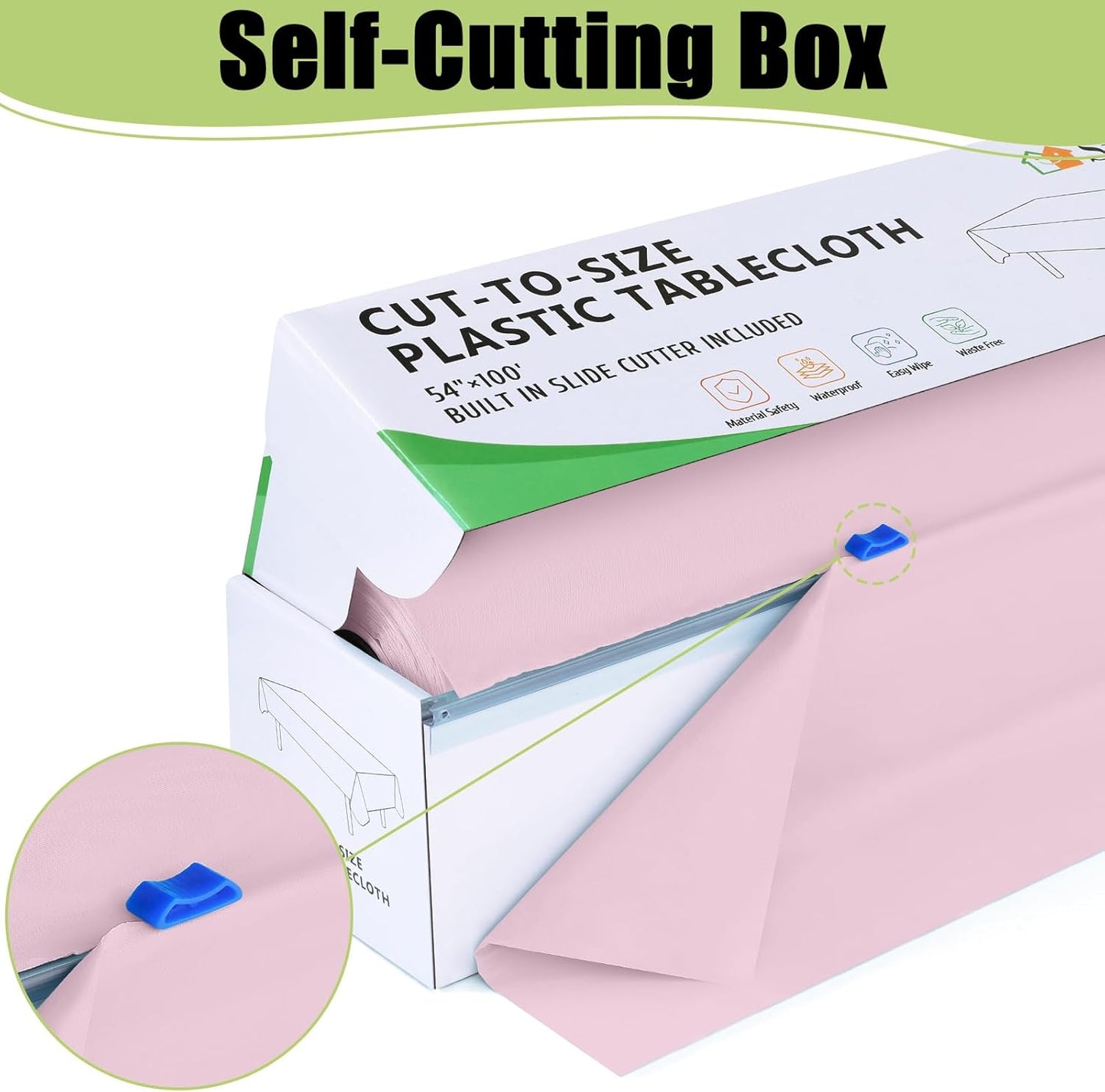 Smiry 54 Inch x 100 Feet Disposable Table Cover Roll, Pink Plastic Table Cloth in Cut-to-Size Box with Slide Cutter, Waterproof Rectangle Tablecloths for Weddings, Banquets, Outdoor