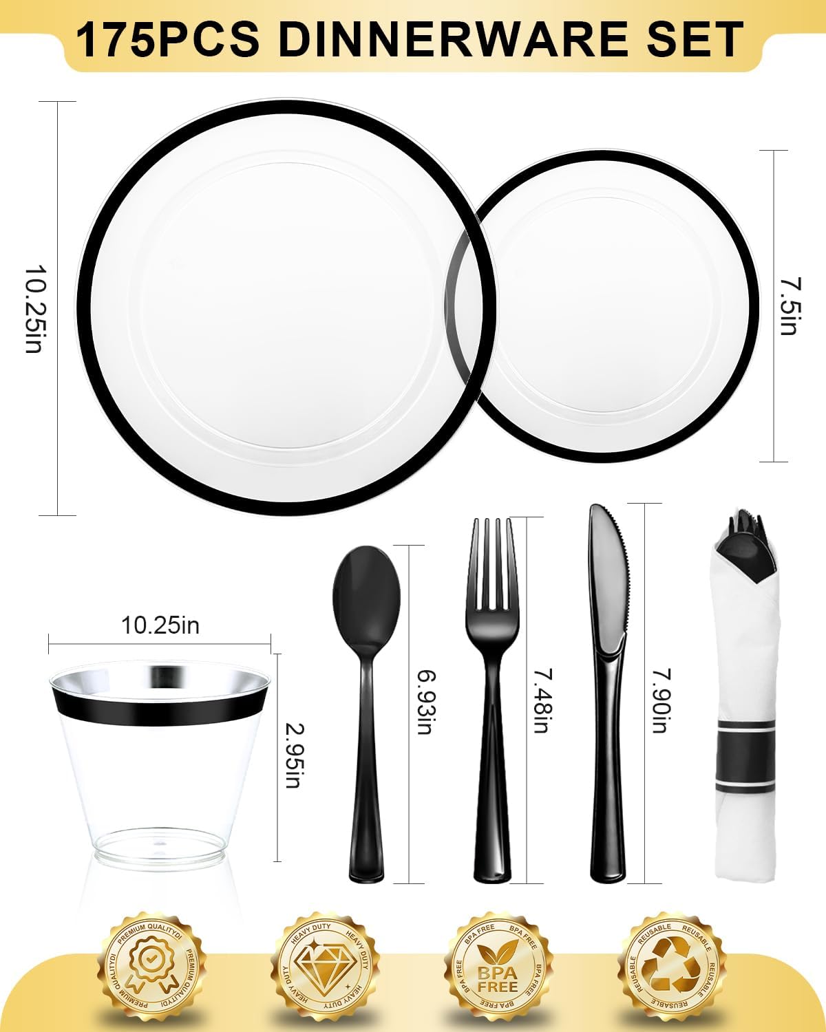 175PCS Plastic Plates for Party, Disposable Clear Black Dinnerware Set for 25 Guests,50 Plastic Plates, 25 Cups, 25 Pre-Rolled Napkins with Cutlery for Party, Thanksgiving, Christmas, Wedding