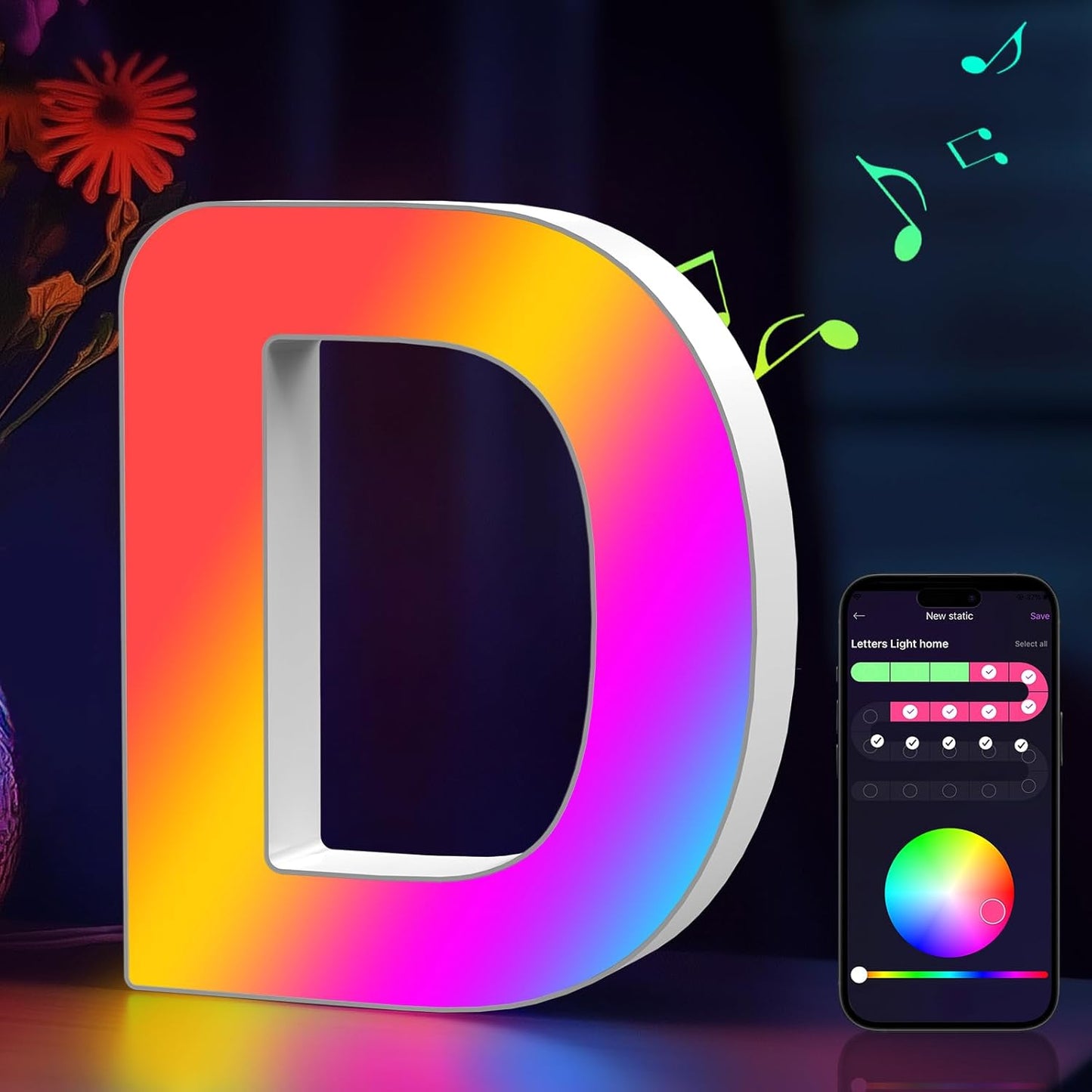 Light Up Marquee Letter - Music Sync RGB Color Changing LED Lights Logo Game Lights for Girls Women Party Birthday Christmas Valentine's Day Wall Desktop Decoration (MRGB-D)