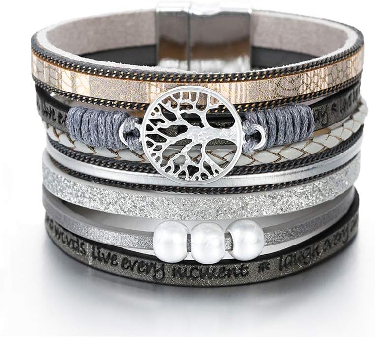 Fesciory Leather Wrap Bracelets for Women, Boho Leopard Multi-Layer Crystal Beads Cuff Bracelet Jewelry