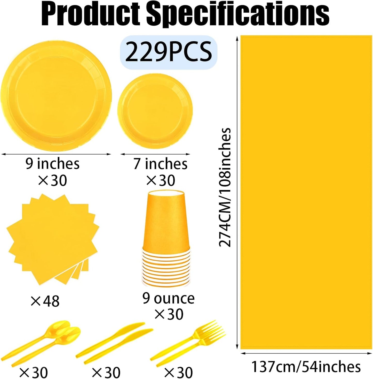 TWOWYHI 229PCS Yellow Party Supplies Set Paper Disposable Plates Cups Plastic Spoons Forks Knives Yellow Napkins for 30 Guests Disposable Party Dinnerware Sets for Wedding Birthday Parties