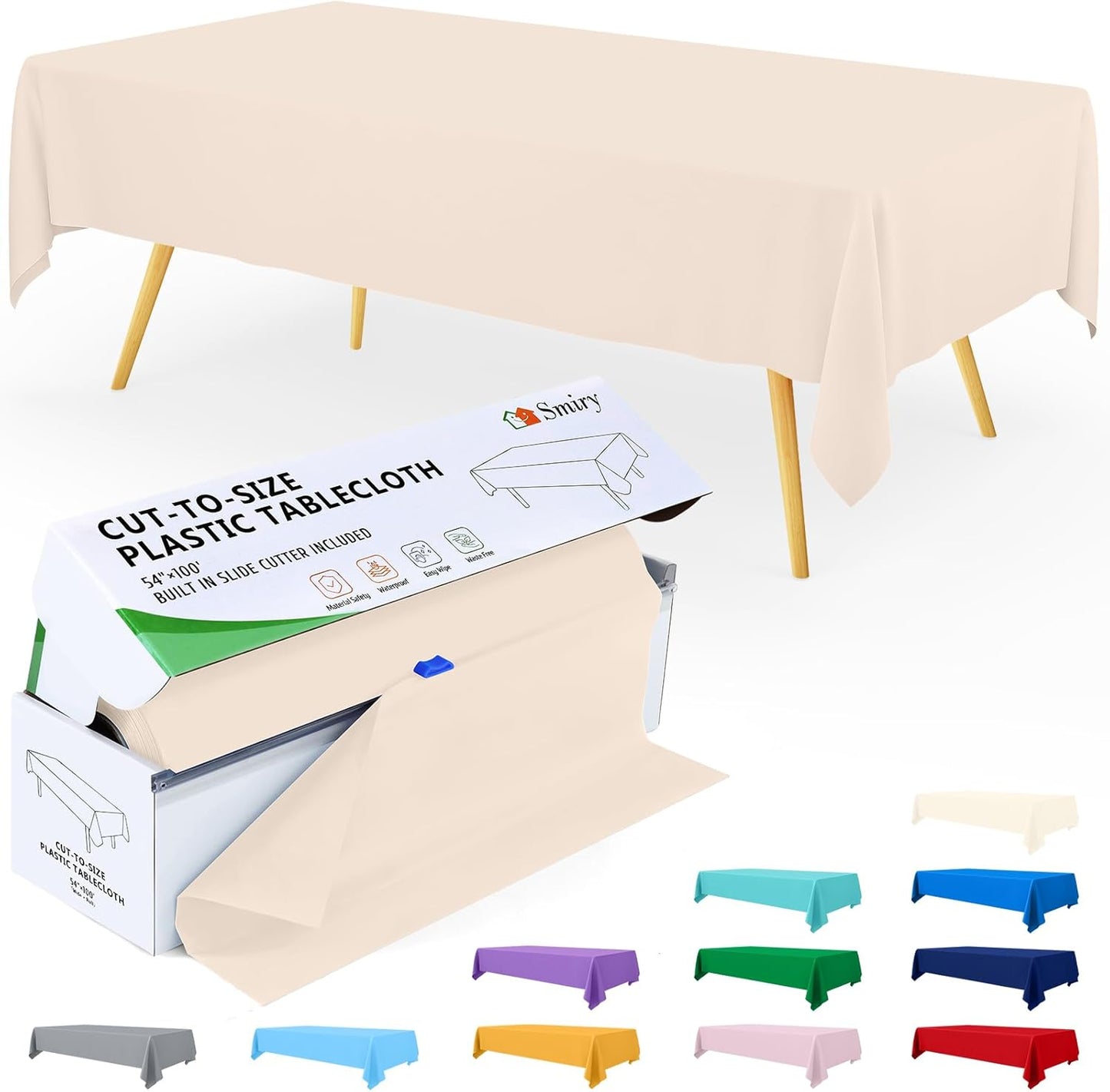 Smiry 54 Inch x 100 Feet Disposable Table Cover Roll, Ivory Plastic Table Cloth in Cut-to-Size Box with Slide Cutter, Waterproof Rectangle Tablecloths for Weddings, Banquets, Outdoor