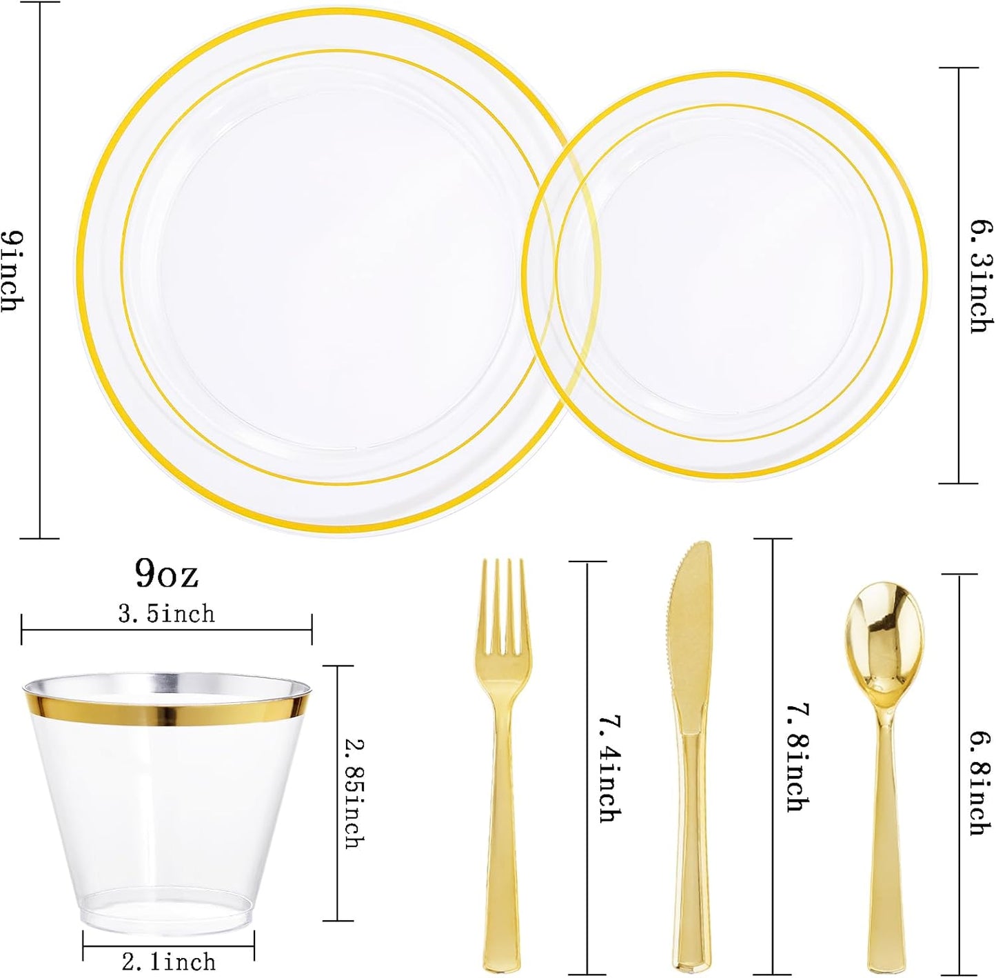 WELLIFE 300Pcs Clear Gold Dinnerware, Clear and Gold Plates Heavy Duty, Including 50 Dinner and 50 Dessert Plates, 50 Cups, 50 Silverware