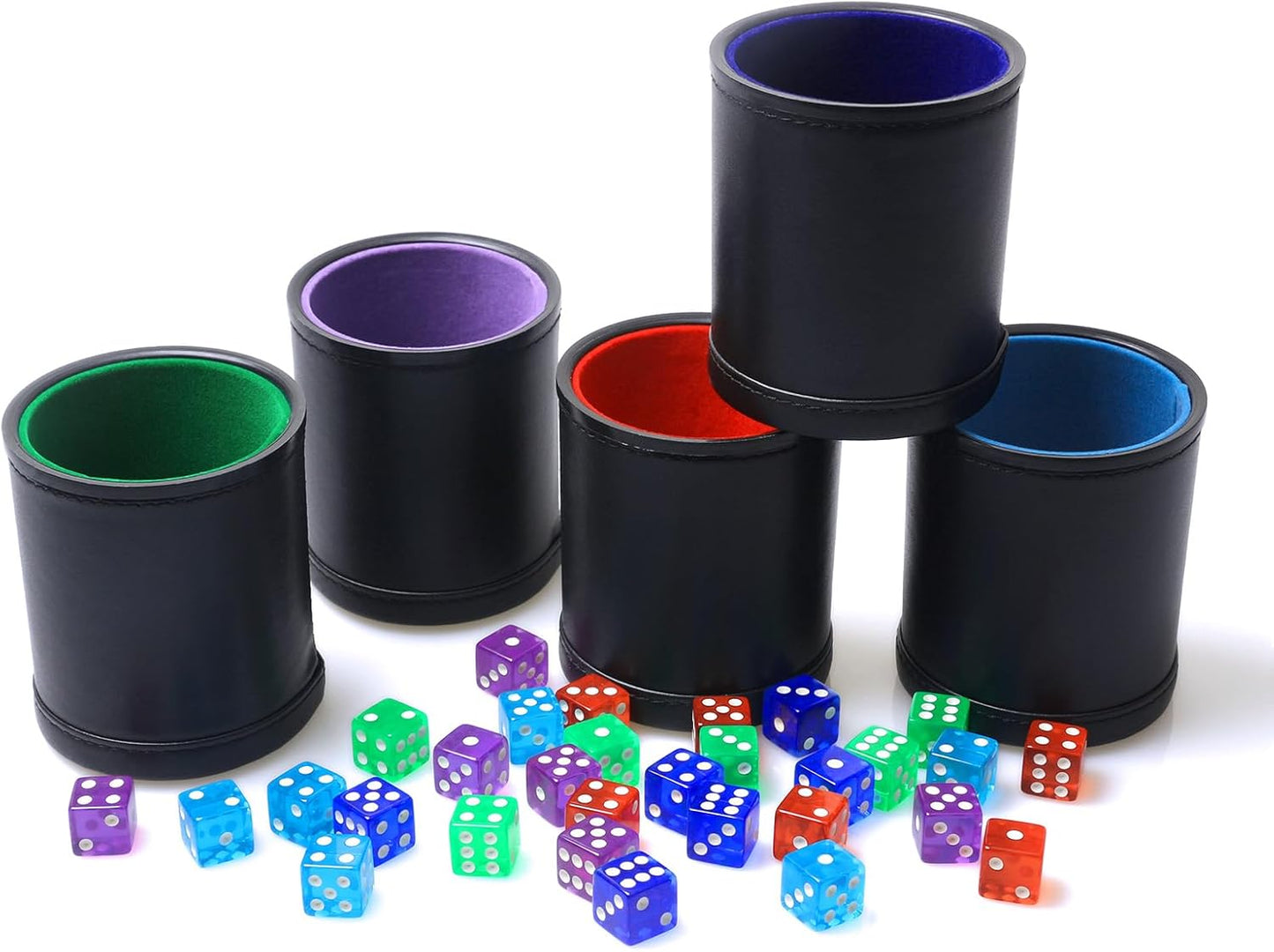 5 Pack PU Leather Dice Cups Velvet Felt-Lined Shaker Cups with 30 Dot Dice for Bar Party Yahtzee Farkle Dice Games