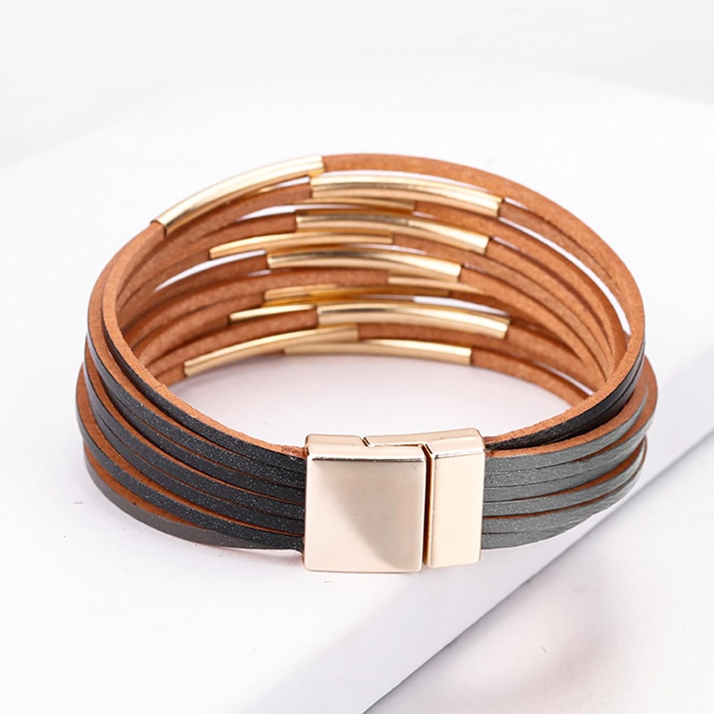 Fesciory Leather Wrap Bracelets for Women, Boho Leopard Multi-Layer Crystal Beads Cuff Bracelet Jewelry