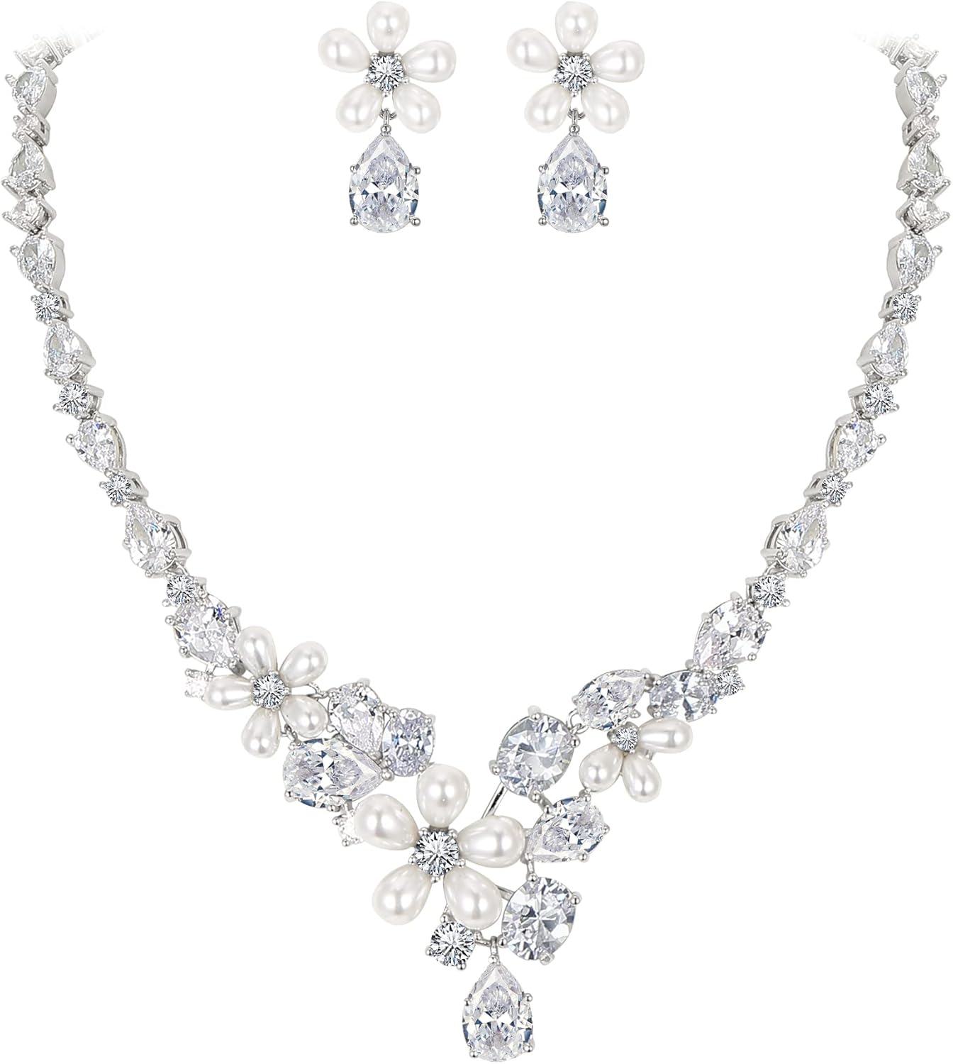 EleQueen Women's Simulated Pearl Wedding Jewelry Set, Cubic Zirconia Marquise Floral Bridal Necklace Earrings Bracelet Sets
