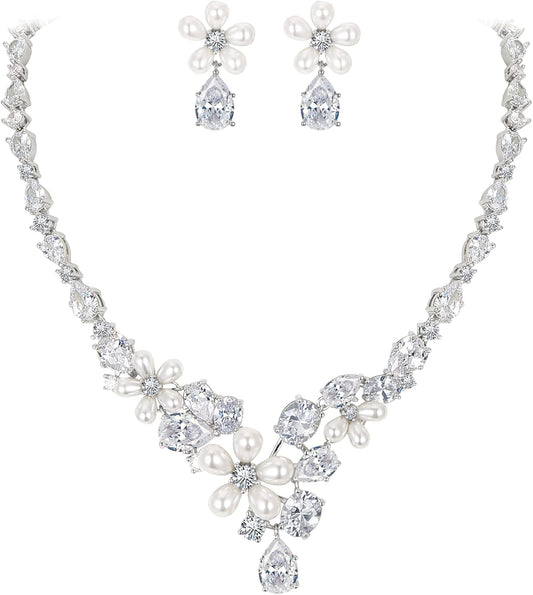 EleQueen Women's Simulated Pearl Wedding Jewelry Set, Cubic Zirconia Marquise Floral Bridal Necklace Earrings Bracelet Sets