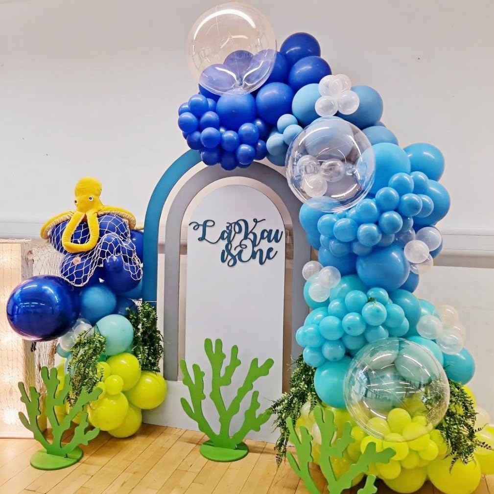 202 PCS Under the Sea Party Decorations Balloons Arch, Teal Blue Balloon Arch Garland Kit, DIY Octopus Clear Balloons Ocean Birthday Party Themed Decoration for Marine Shark Baby Shower Decor