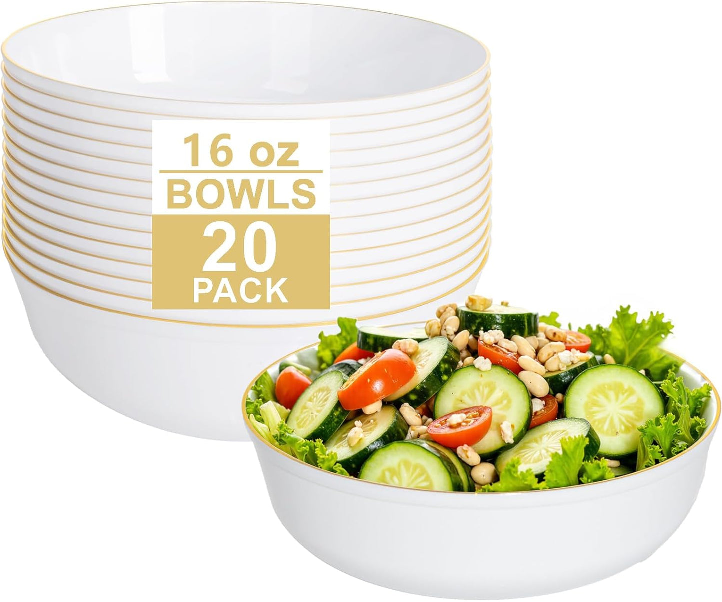 I00000 20 Pack White Plastic Bowls with Gold Rim,16 oz Disposable Soup Bowls,Premium Heavy Plastic Serving Bowls Ideal for Thanksgiving Party