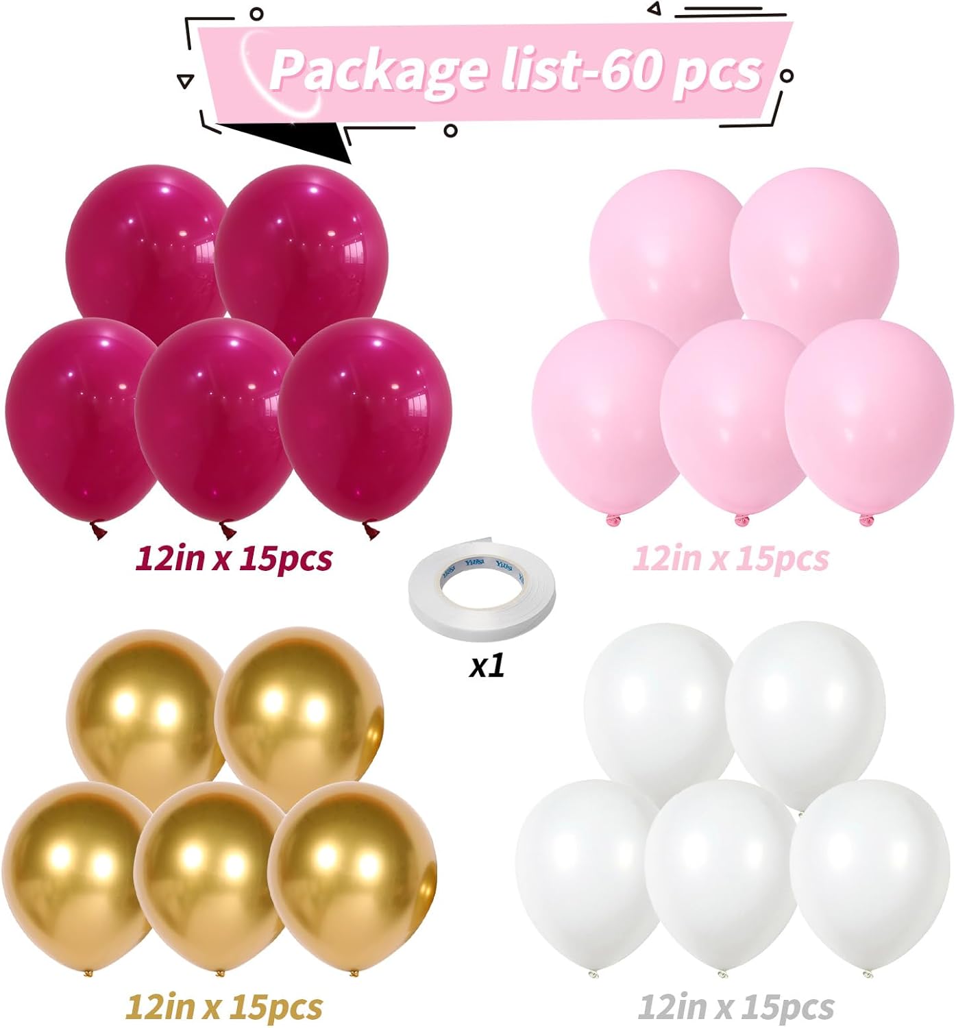 Pink and Gold Balloons Set, 60 PCS 12 Inch Princess Balloons Pastel Hot Pink White Metallic Gold Latex Helium Balloon for Girls Women Birthday Wedding Bridal Baby Shower Anniversary Party Decorations