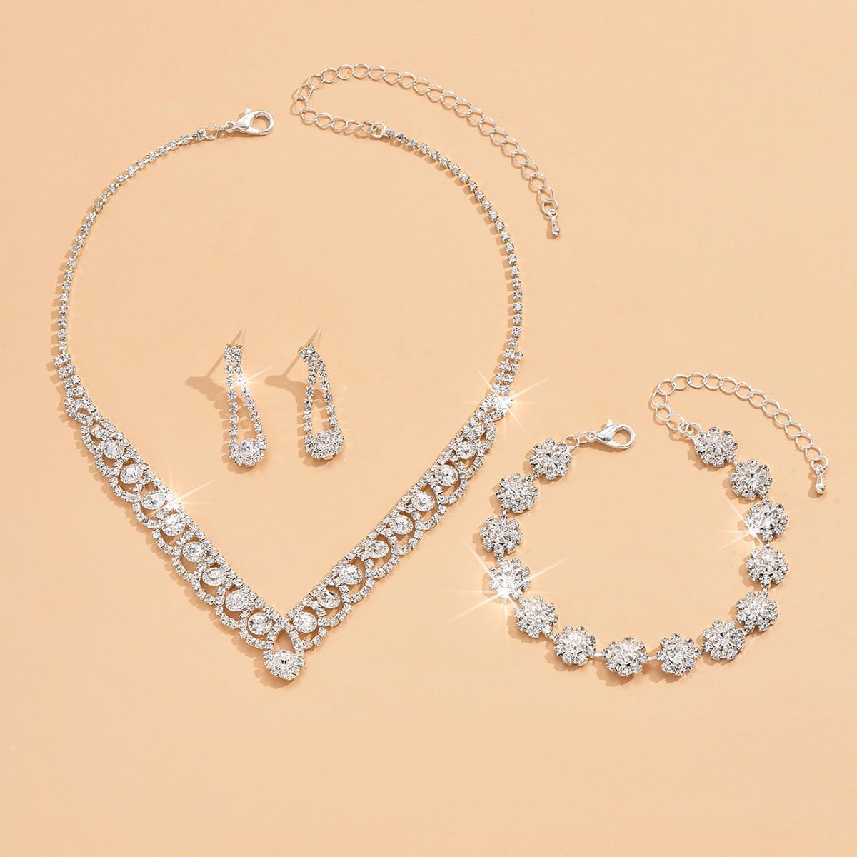 Prom Earrings Necklace Bracelet Set Elegant Crystal Rhinestone Necklace Earrings Bracelet Bridal Wedding Prom Dresses Costume Outfit Gold Jewelry Sets for Women