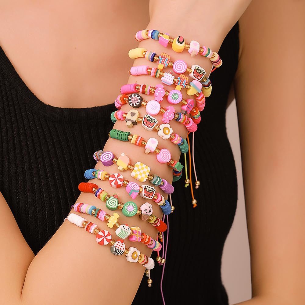 Heishi Surfer Clay Bead Bracelets Set for Women - Preppy Smile Evil Eye Beaded Stretch Bracelets Elastic Layering Friendship Bracelets- Stackable Boho Disc Summer Jewelry Set