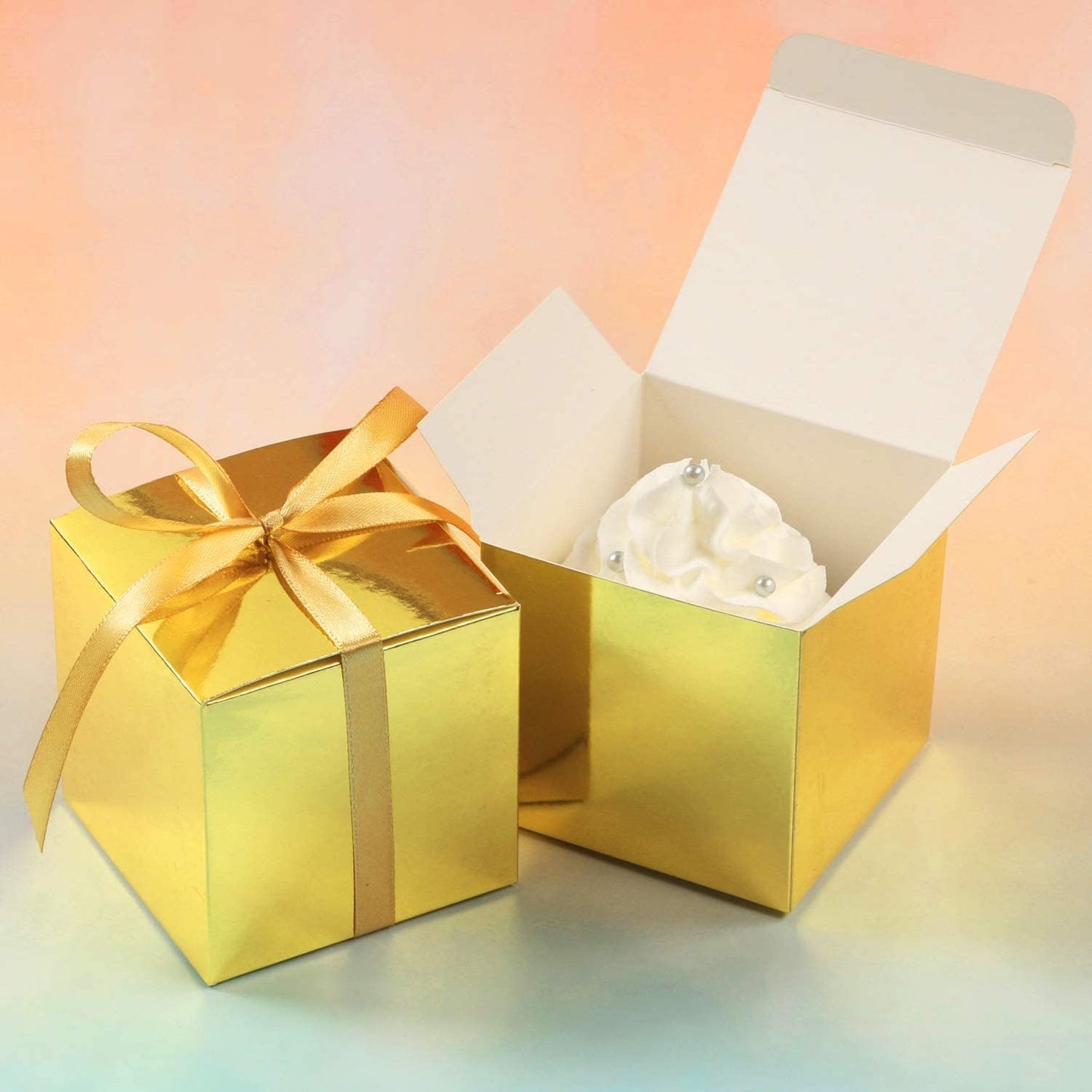 COTOPHER 25pcs Wedding Favor Boxes, Paper Gift Boxes 3x3x3 Inches Small Gift Boxes with Ribbons Small Boxes for Gifts, Crafting, Cupcake, Candy, Bridesmaid Proposal Boxes