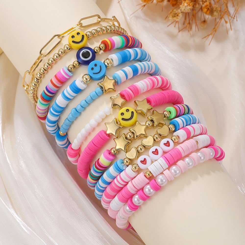 Friendship Bracelets Boho Stackable Bracelets for Women Surfer Heishi Clay Bead Bracelets Stretch Preppy Bracelets Colorful Boho Bracelets for Women