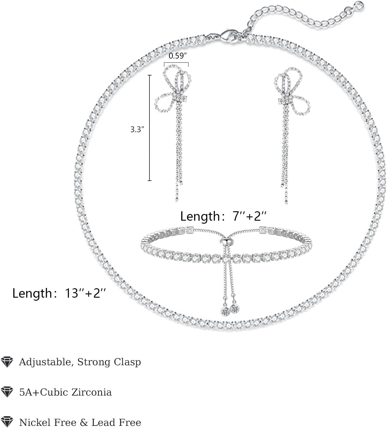 Tennis Necklace Bracelet for Women, Sterling Sliver, Dainty Chocker Necklace, Crystal Bracelet for Women, Wedding Jewelry for Bride, Sparkly Party Prom Hypoallergenic