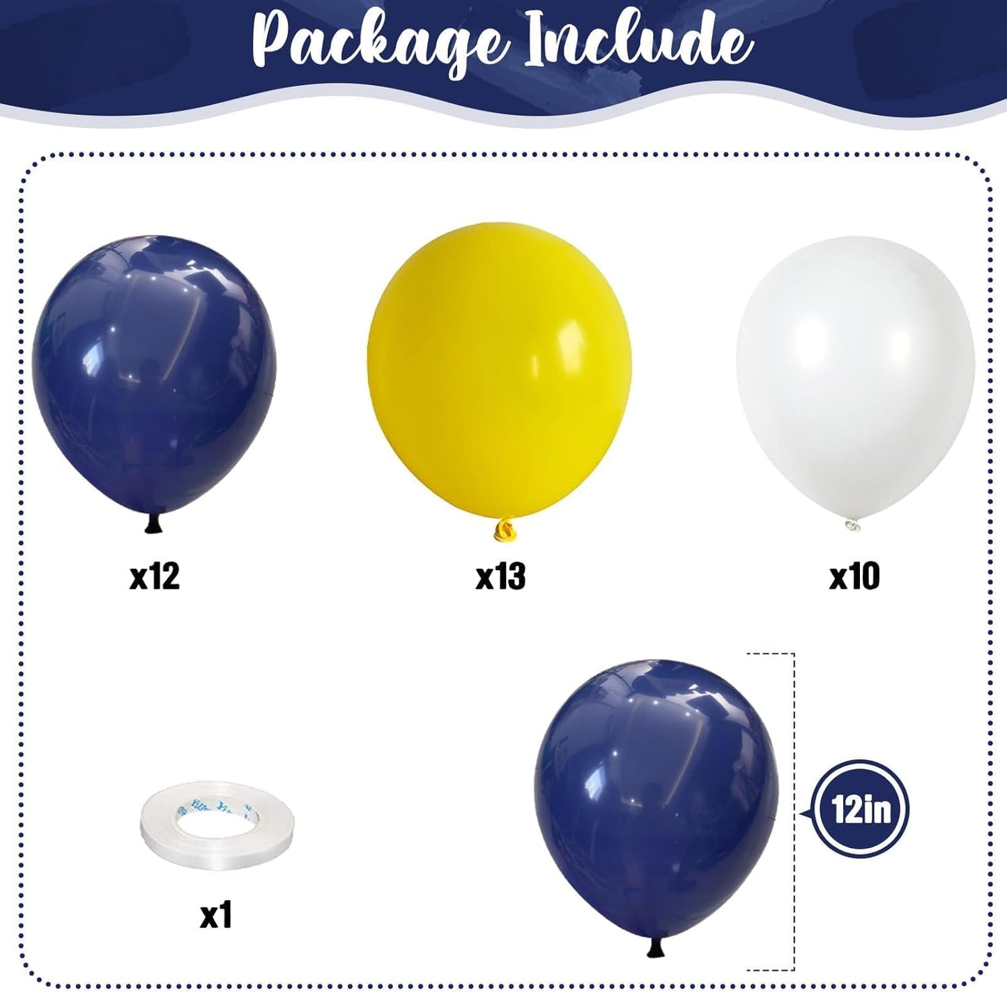 Navy Blue Yellow White Balloons, 12 Inch Navy Blue Yellow White Party Balloons, Dark Blue Yellow Latex Balloons Set for Boys Men Birthday Wedding Baby Shower Graduation Anniversary Party Decorations