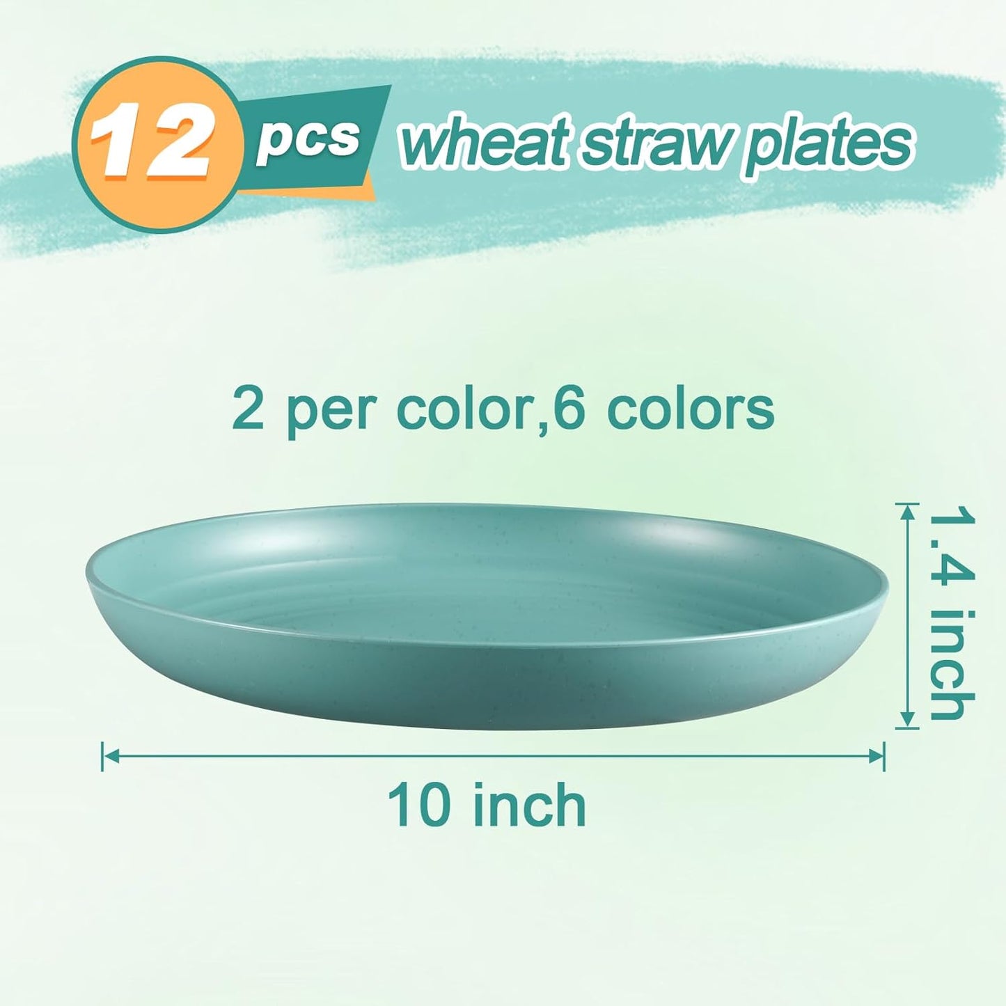12 Pcs Unbreakable Deep Dinner Plates Set, 10 inch Reusable Plastic Wheat Straw Plates, Microwave and Dishwasher Safe Plate for Kitchen, Lightweight Plate for Dessert, BPA Free, 6 Colors