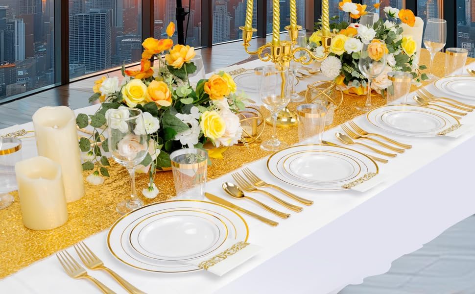 Supernal 400pcs Gold Plastic Dinnerware Set for 50 Guests-Gold Plastic Plates Heavy Duty Disposable Party Plates, 200 Gold Plastic Silverware, Linen Napkins, Clear Cups For Wedding,Birthday