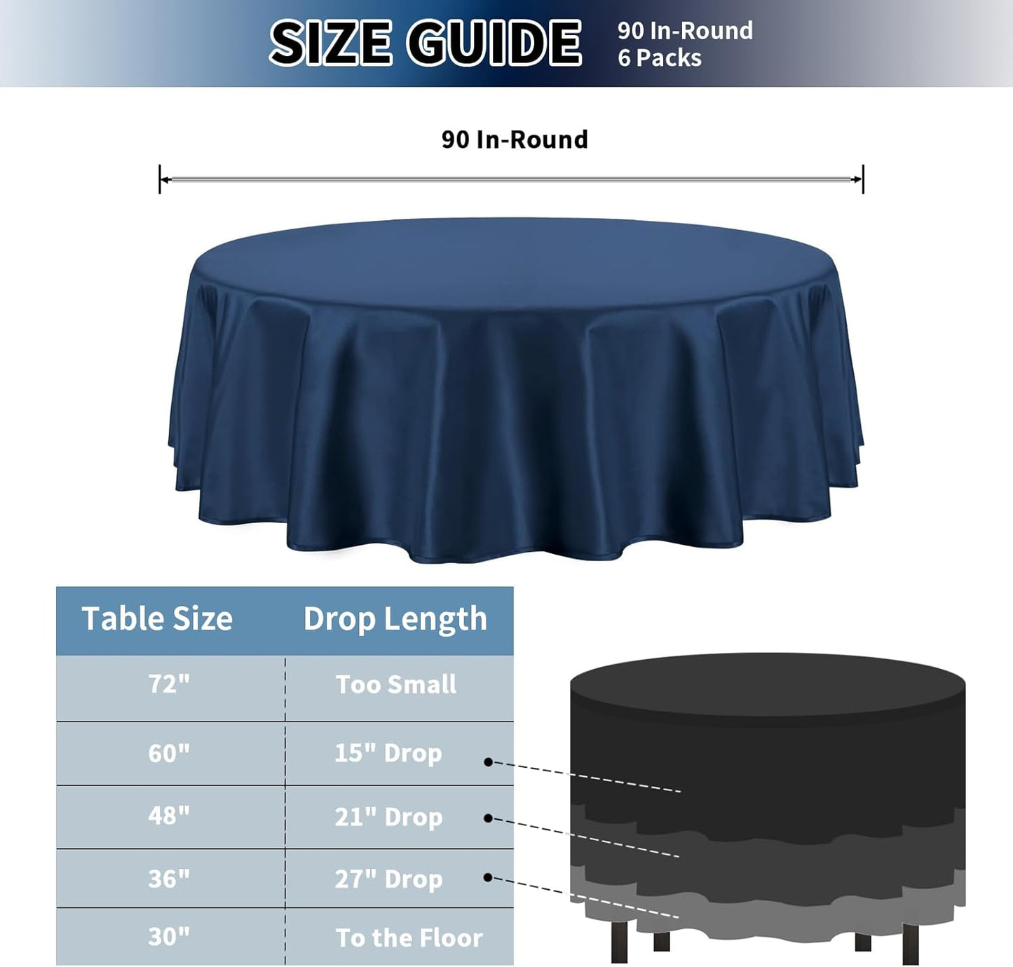 PureFit 6 Pack Round Navy Blue Table Cloths 90 Inch for Round Tables, Stain and Wrinkle Resistant Table Linens for Home Use, Wedding, Party, Banquet and Camping